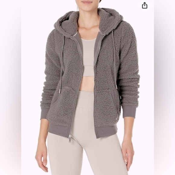 ANDREW MARC SPORT Teddy Fleece Hooded Jacket Gray Pavement S NWOT 21” PTP - Picture 1 of 12